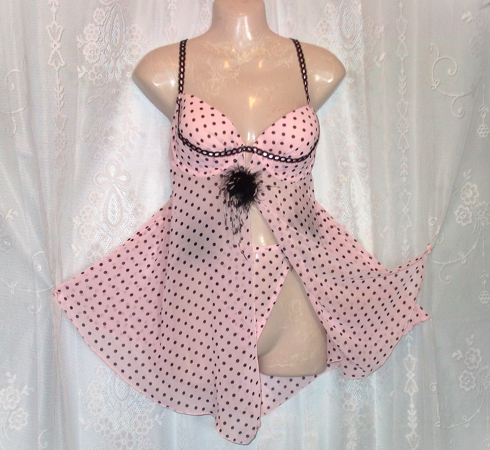 Lg.Sweet ,2pc.Set,Pink chiffon,Pom Poms,vintage style babydoll nightgown,sheer