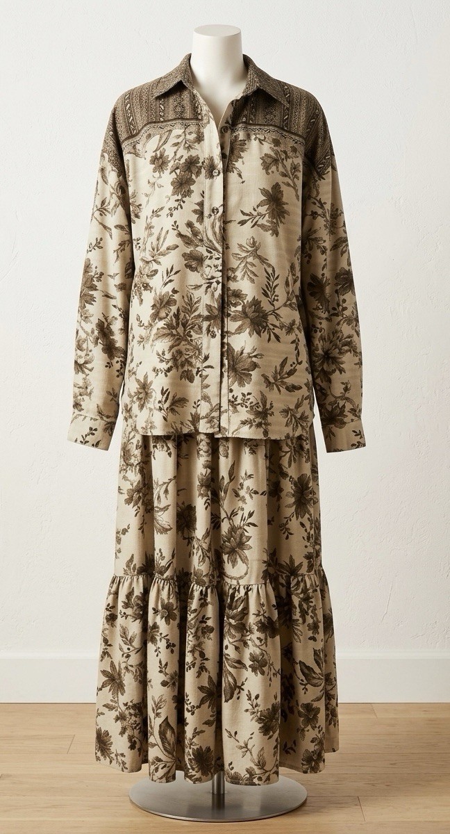 Vintage 90s Southwestern Prairie Skirt Set XL Toile Tiered Maxi Cowgirl 2 PC