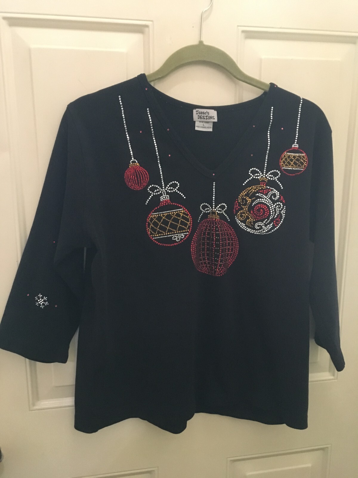 Christmas Bling Black Shirt Ornaments Balls Isaac’s Designs Vintage ~ Size L