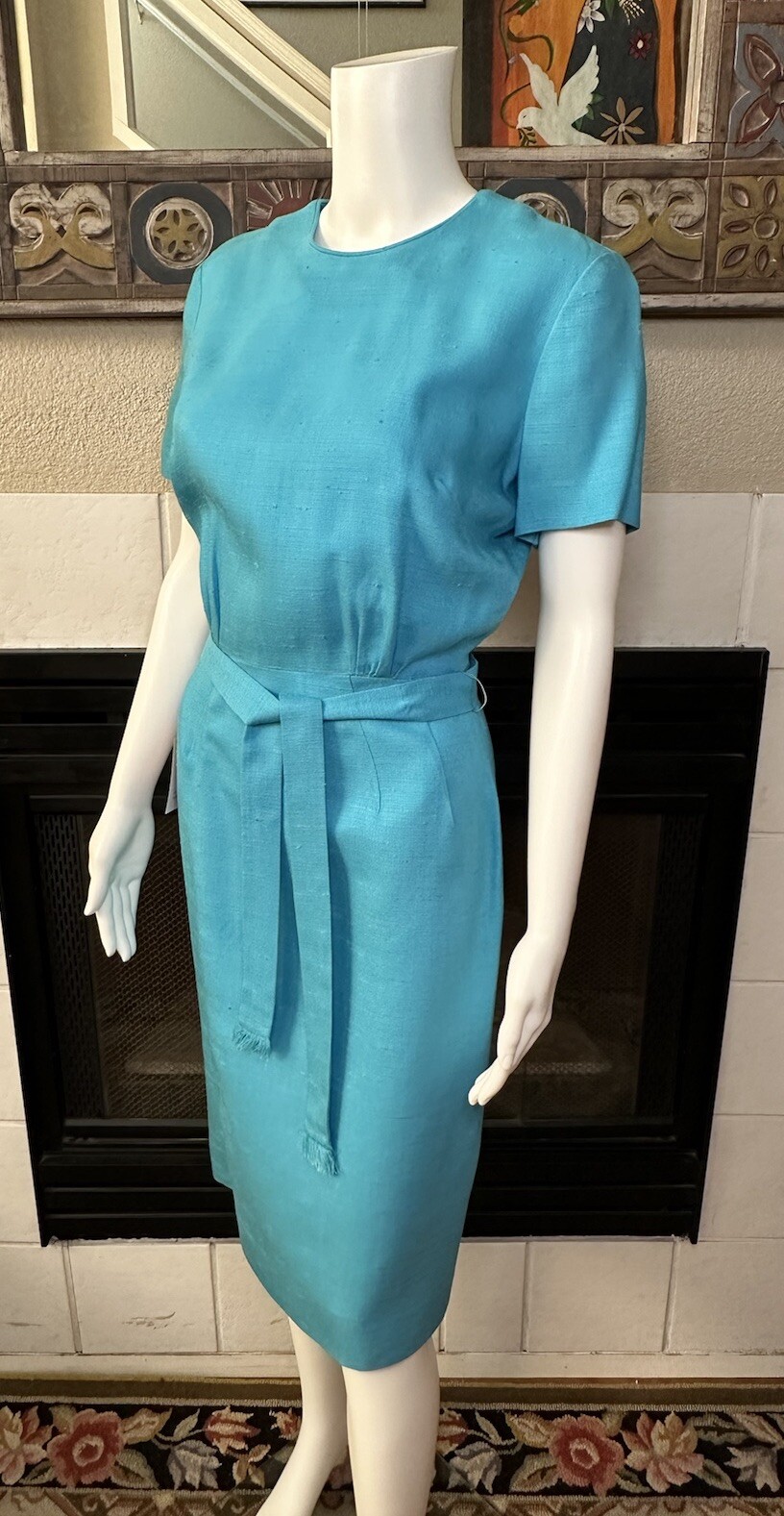 Vtg Galant Dress w/tag belted rayon turquoise Circ 1980s armpit to armpit 18″