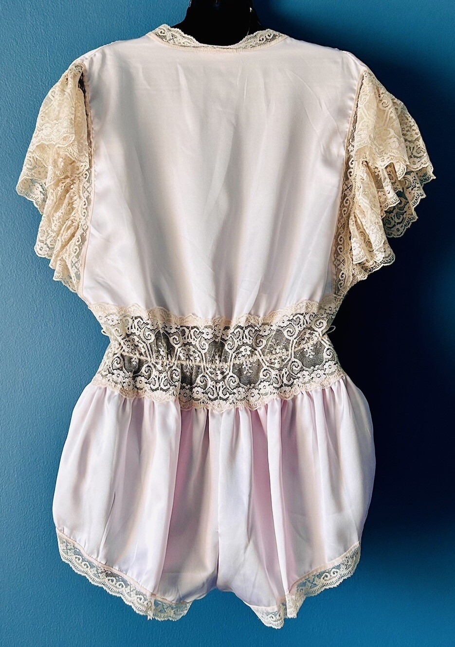 Rare Vintage Lily Of France Teddy Romper Pink Satin Lingerie With Lace Sz M EUC