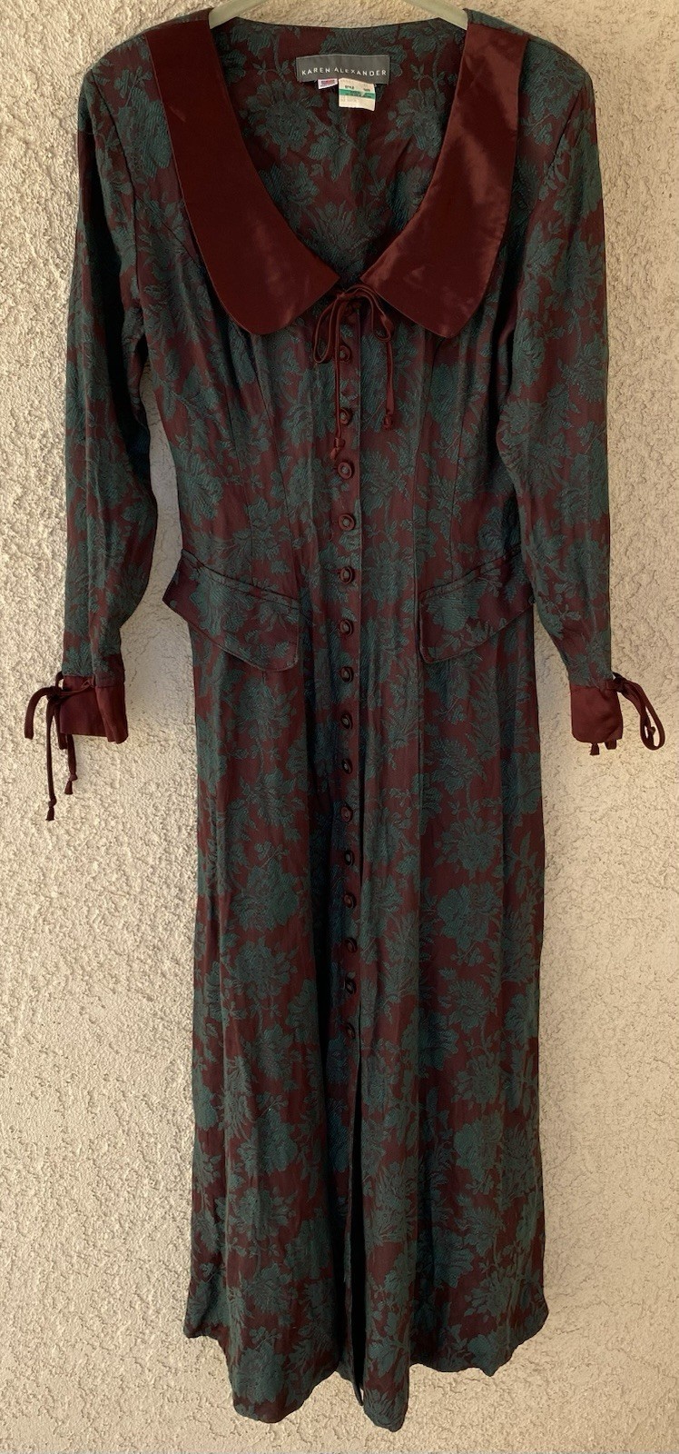 Vintage 80s 90s Karen Alexander Floral Jacquard Maxi Dress Burgundy Green USA 8