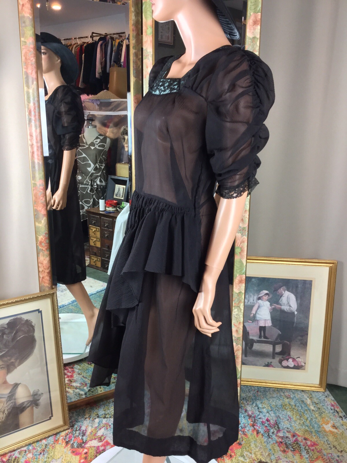 Vtg 20s Black Sheer Dress Sz 10 Layered Front Flapper Style Square Neck 36” Bust