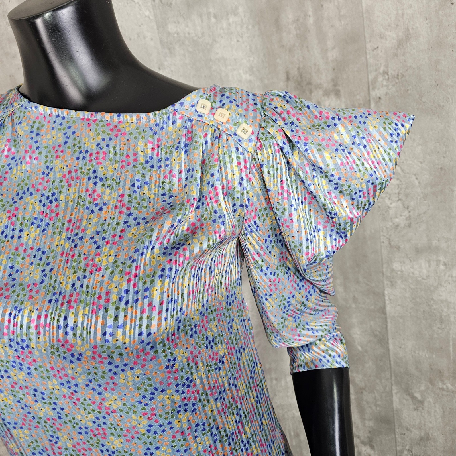 Vintage 80s Ala Carte Pleated Dress Flutter Puff Peek Shoulder Micro Floral