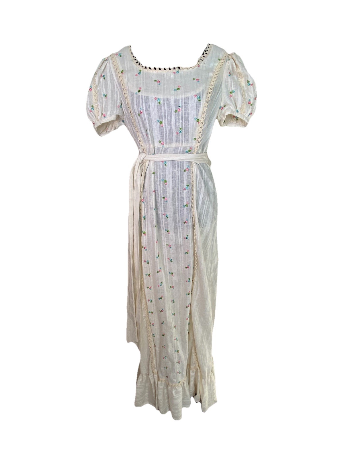 Vintage Alfred SHAHEEN Prairie Cream Maxi Dress 60s-70s Cottagecore Floral Sml