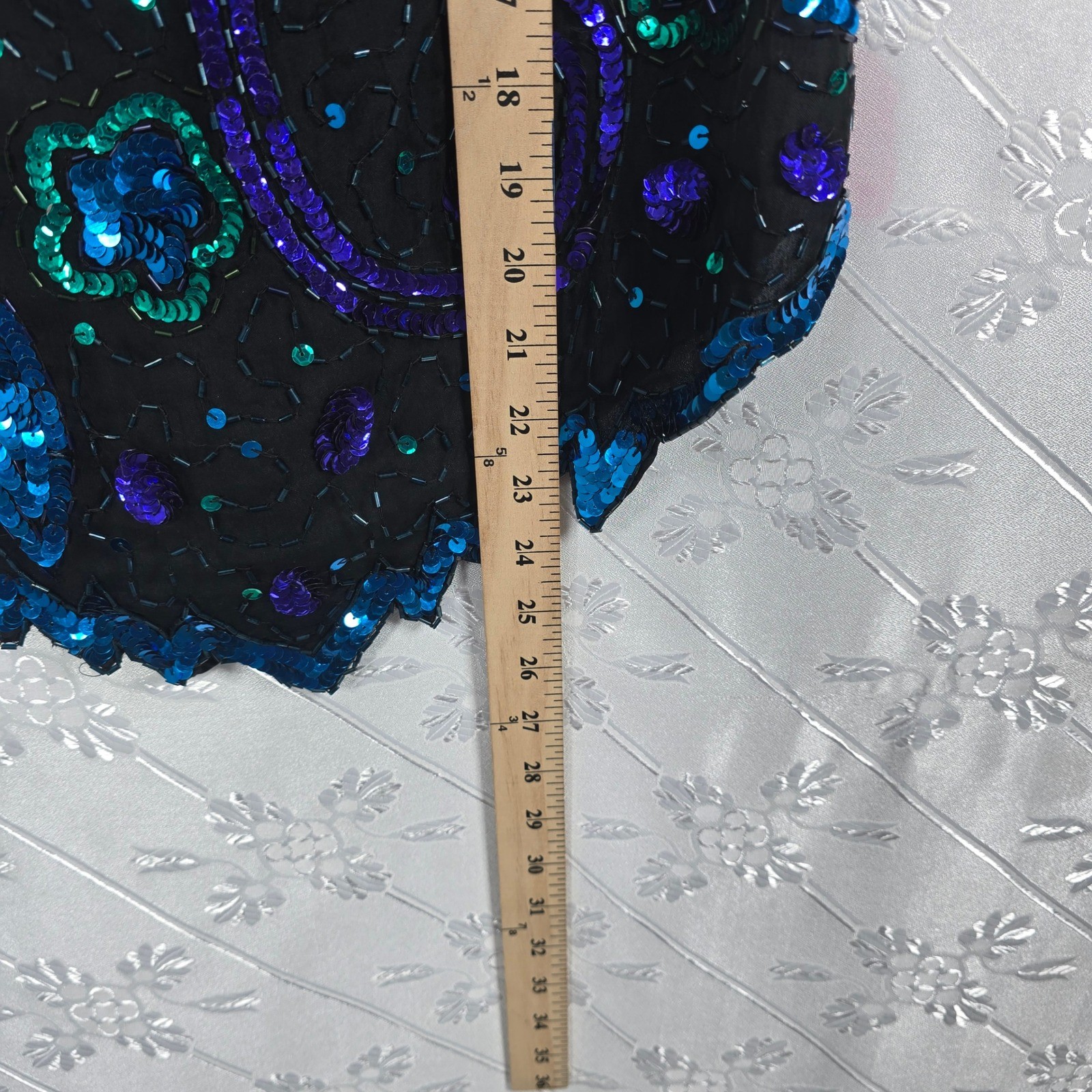 Laurence Kazar Top Womens XL Vintage Black Blue Teal Sequin Beaded Silk EUC