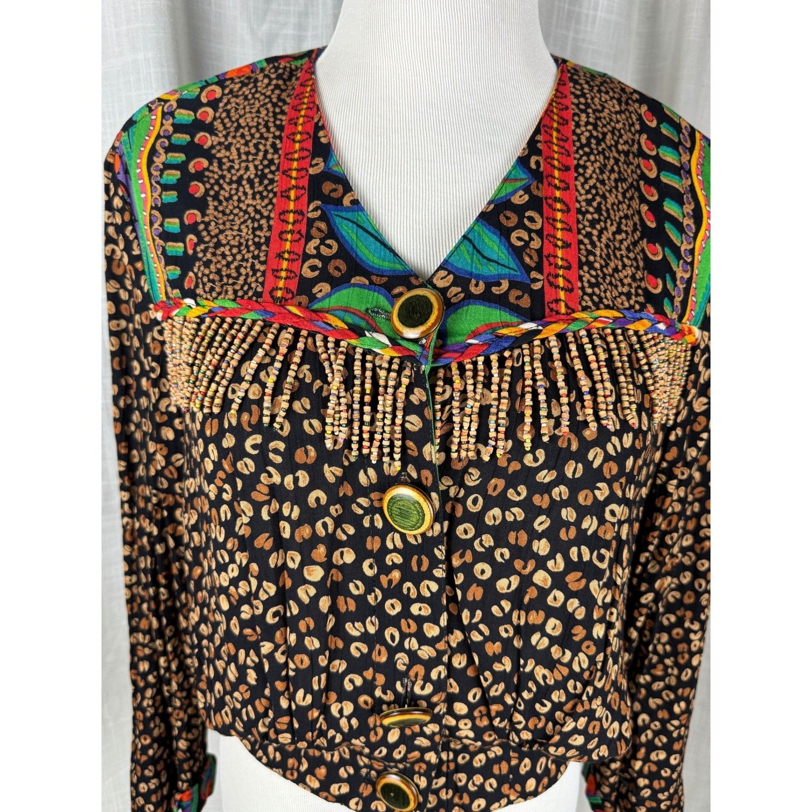 Carole Little Petites Vintage 90s Beaded Leopard Tropical Rayon Gauze Jacket 6