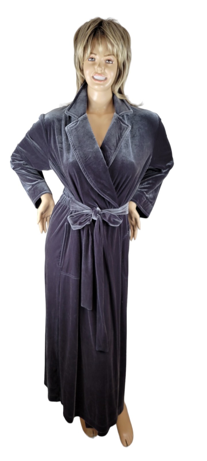 Vintage Diamond Tea Womens Velvet Velour Long Maxi Robe Dressing Gown Grey XL