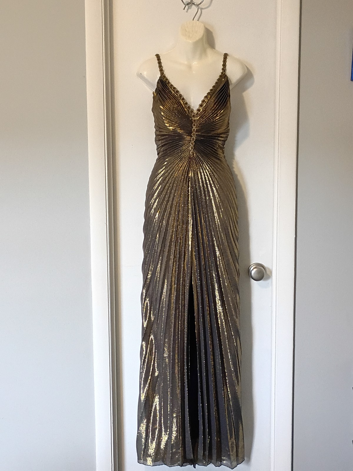 Vtg Lillie Rubin Bronze Gold Slinky Pleated Long Formal Dress Sz M Strappy