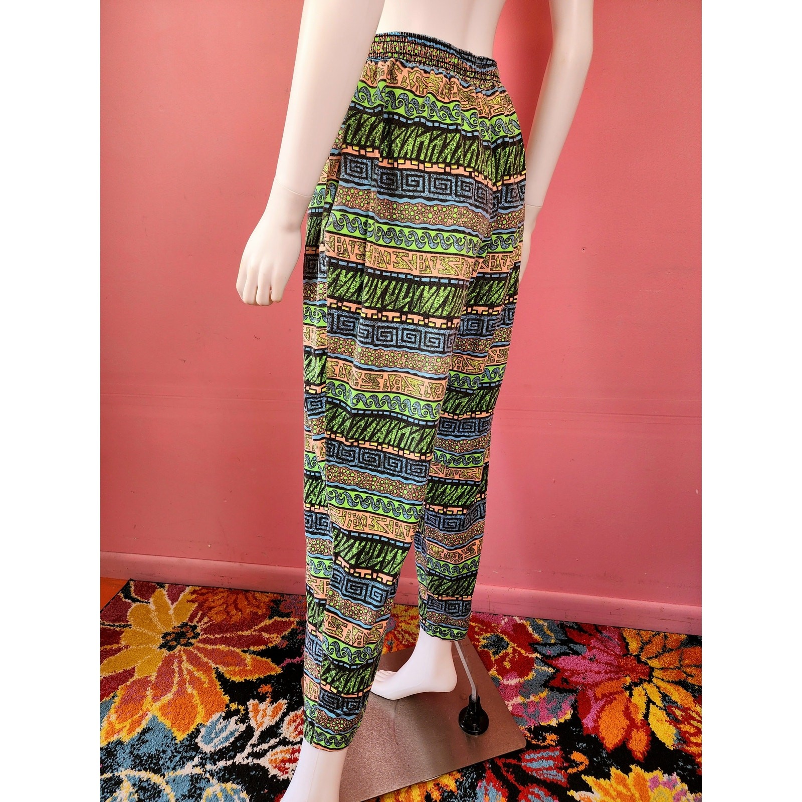 Vintage 1980’s/1990’s JoJo Green Pink Abstract Surfer Muscle Parachute Pants
