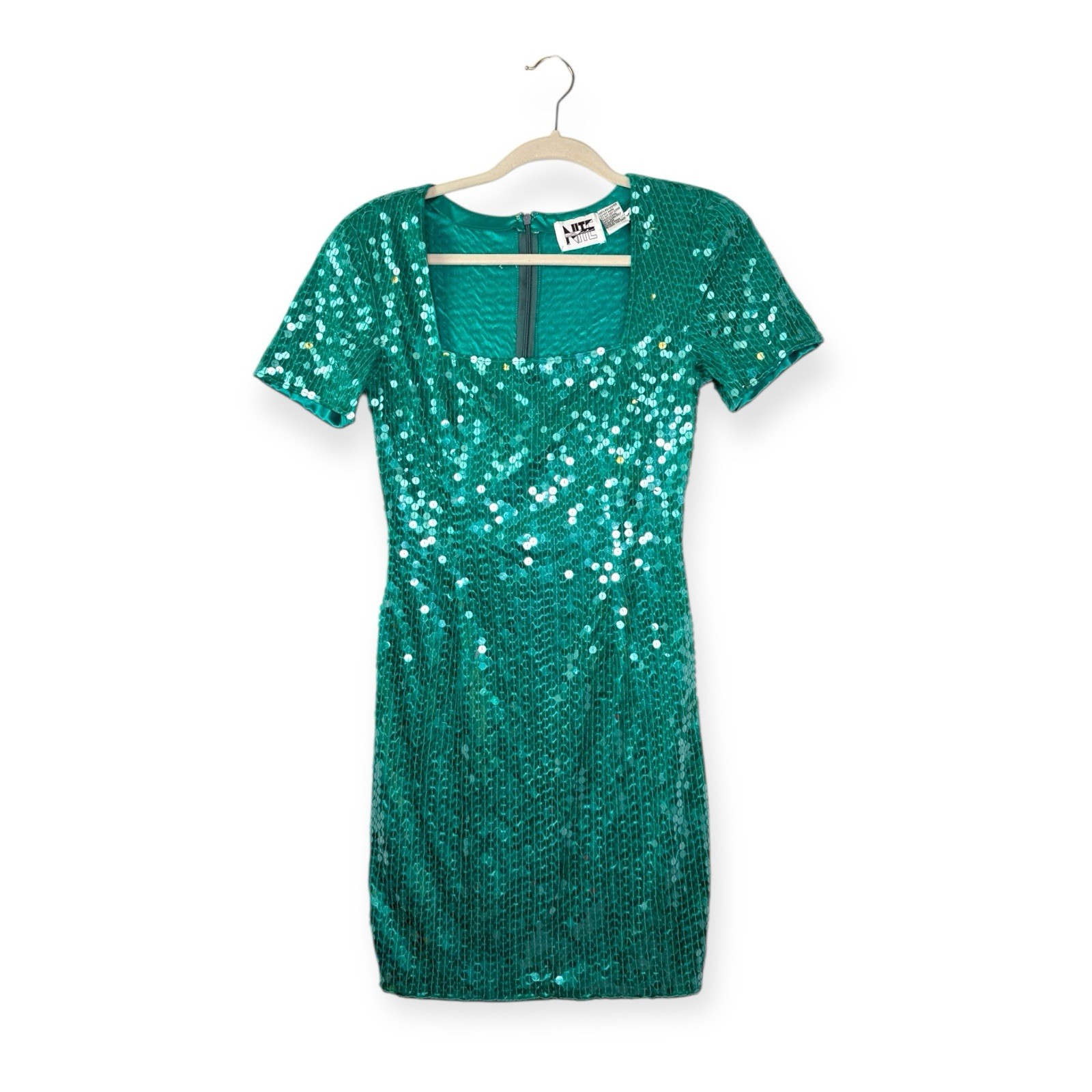 Vintage 80s Nite Line Green Sequin Cocktail Party Mini Dress Sz 4 EUC