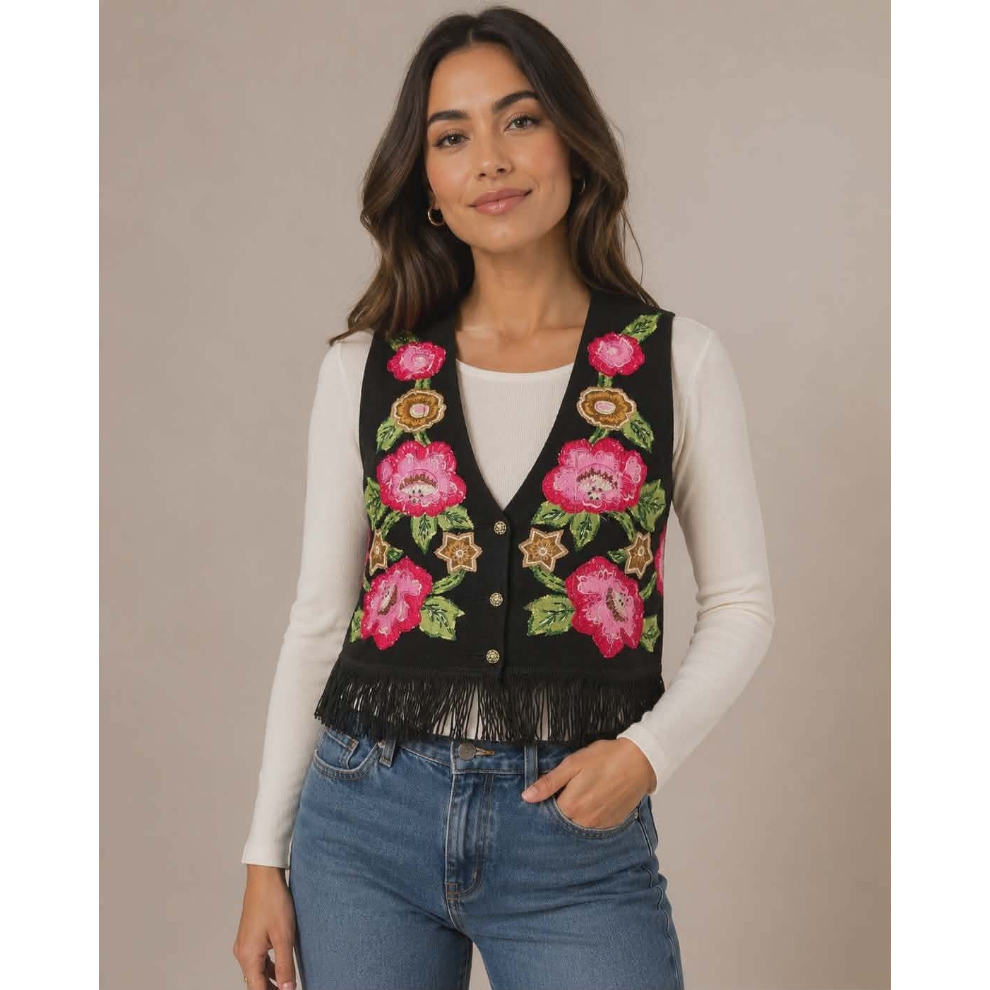 VNTG 90’s JouJou Black Floral Embroidered Fringe Vest Small Boho Western 00-742