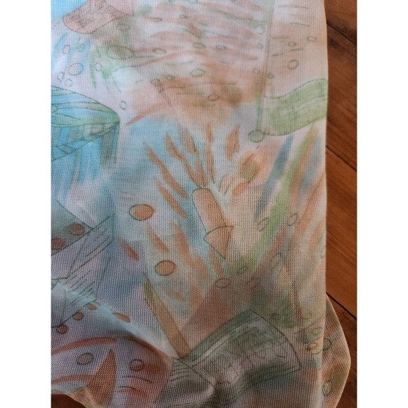 70s Green and Peach Carnival Theme Novelty Print Dagger Collar Shirt