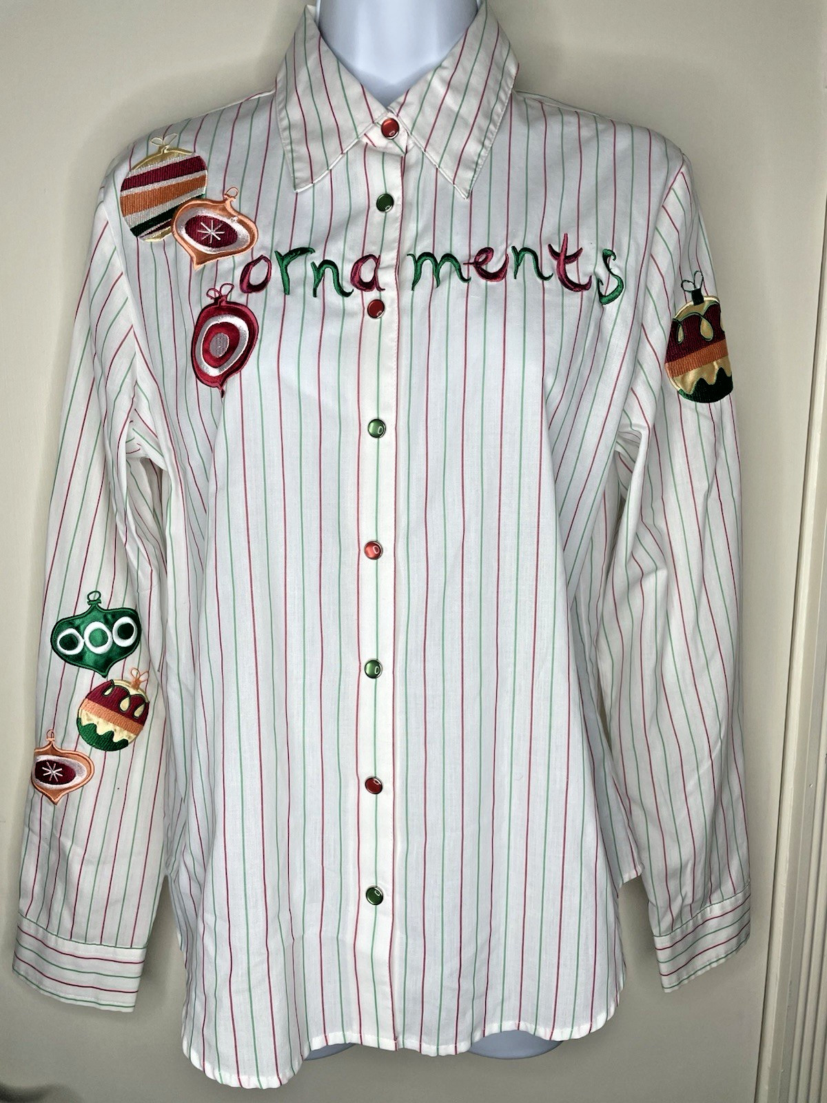 Vintage Size Small Pearl Snap L/S Christmas Holiday Ornaments Striped Shirt Top
