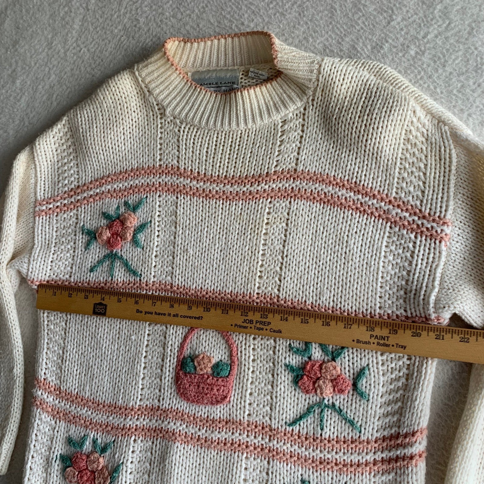 VTG Bramble Lane Hand Knit Sweater Sz L Ramie Blend Floral Cottagecore (STAINS)