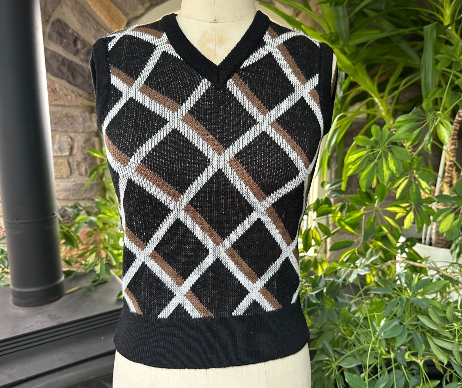 Vintage 1970s Black Brown White Diamond V Neck Sweater Vest Allison’s Closet