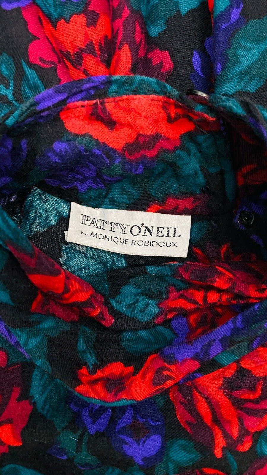 Vintage 1980s red purple floral midi dress, rayon suede waistband Victorian L XL