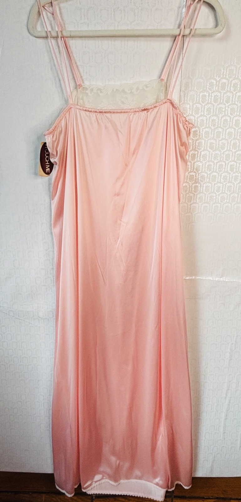 NOS VTG LORRAINE PEACHY-PINK WHITE LACE TRIM SIDE SLIT NEGLIGEE LONG NIGHTGOWN*S