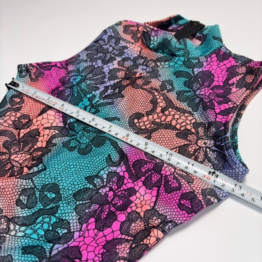 Gilda Marx Flexatard Vintage 80s Floral Lace Print Mock Neck Leotard Sz S USA
