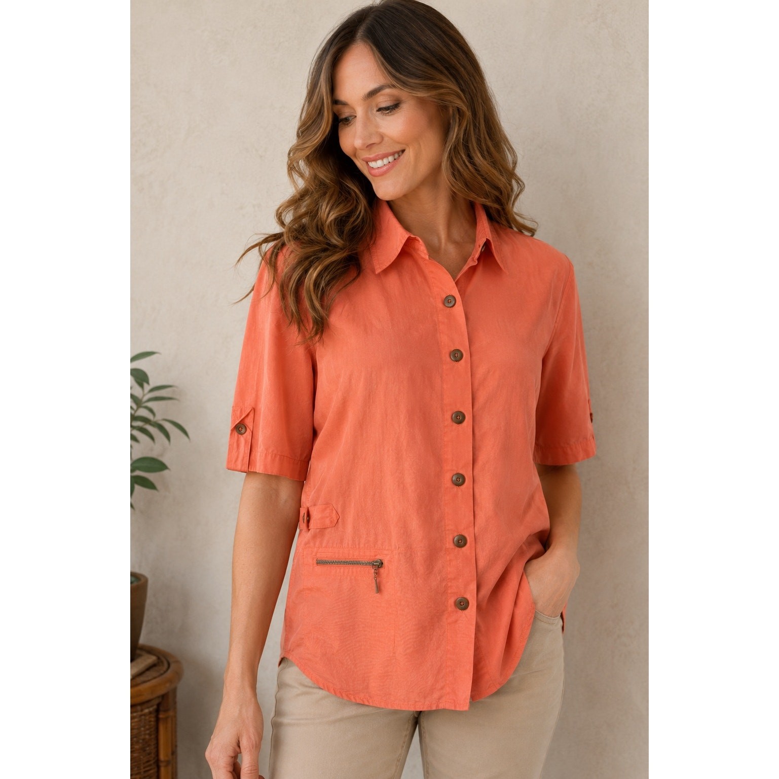 Alain Weiz Vintage Salmon Silk Blend Safari Button-Up Shirt Sz 14 Coral Utility