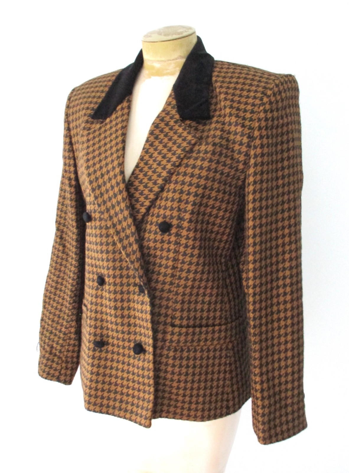 Vtg 80s boxy brown black houndstooth executive career blazer jacket pockets 8
