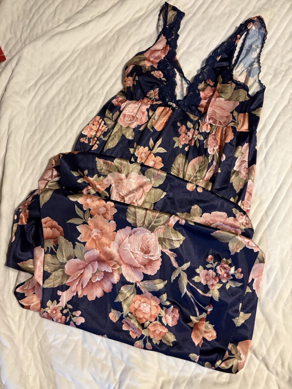 VTG Sexy 70s Lorraine Womens S Nylon Nightgown Retro Floral Blue Long Slip Dress