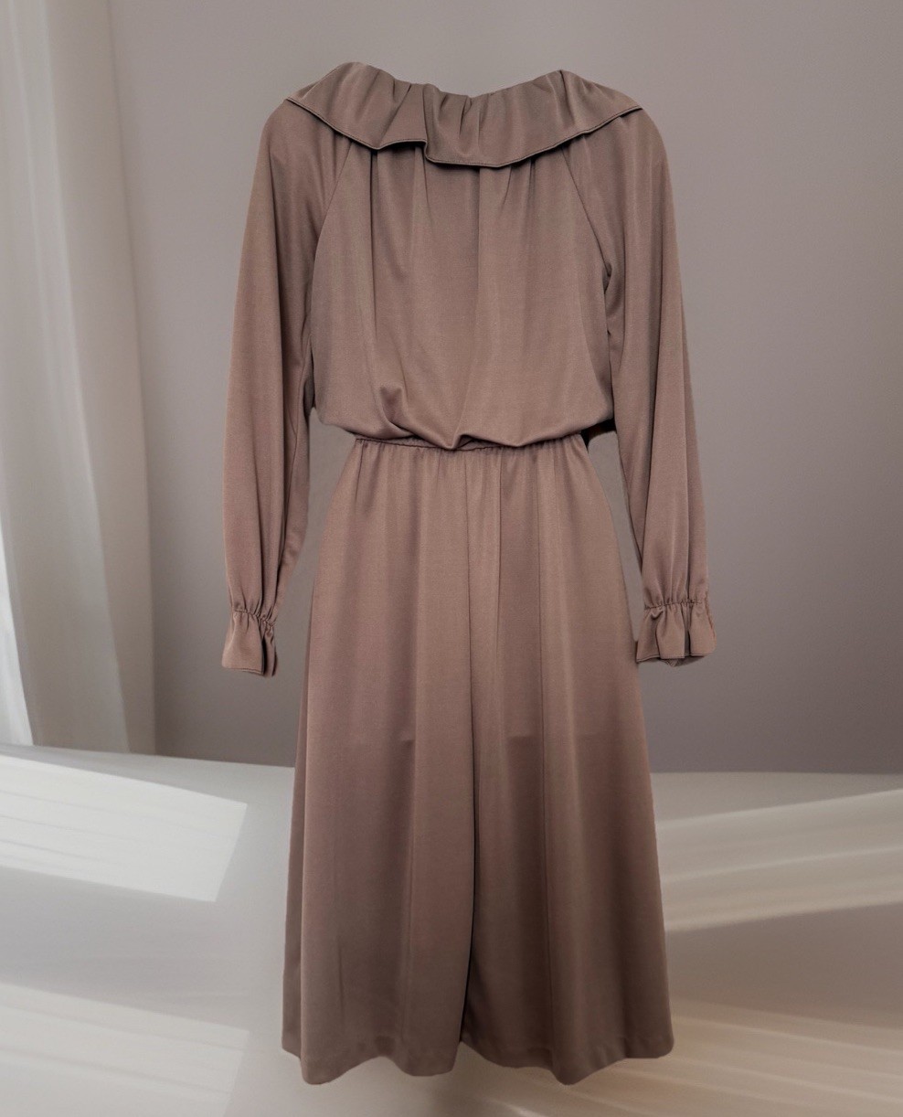 Vintage 1970s SEARS Dress 6P Brown Collar Tie Strings Long Sleeve Ruffle