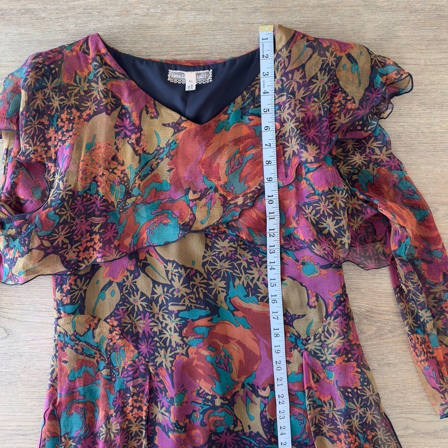 VTG Holly Harp 100% Silk Chiffon Tiered Ruffle Long Sleeve Floral Dress-Size Med