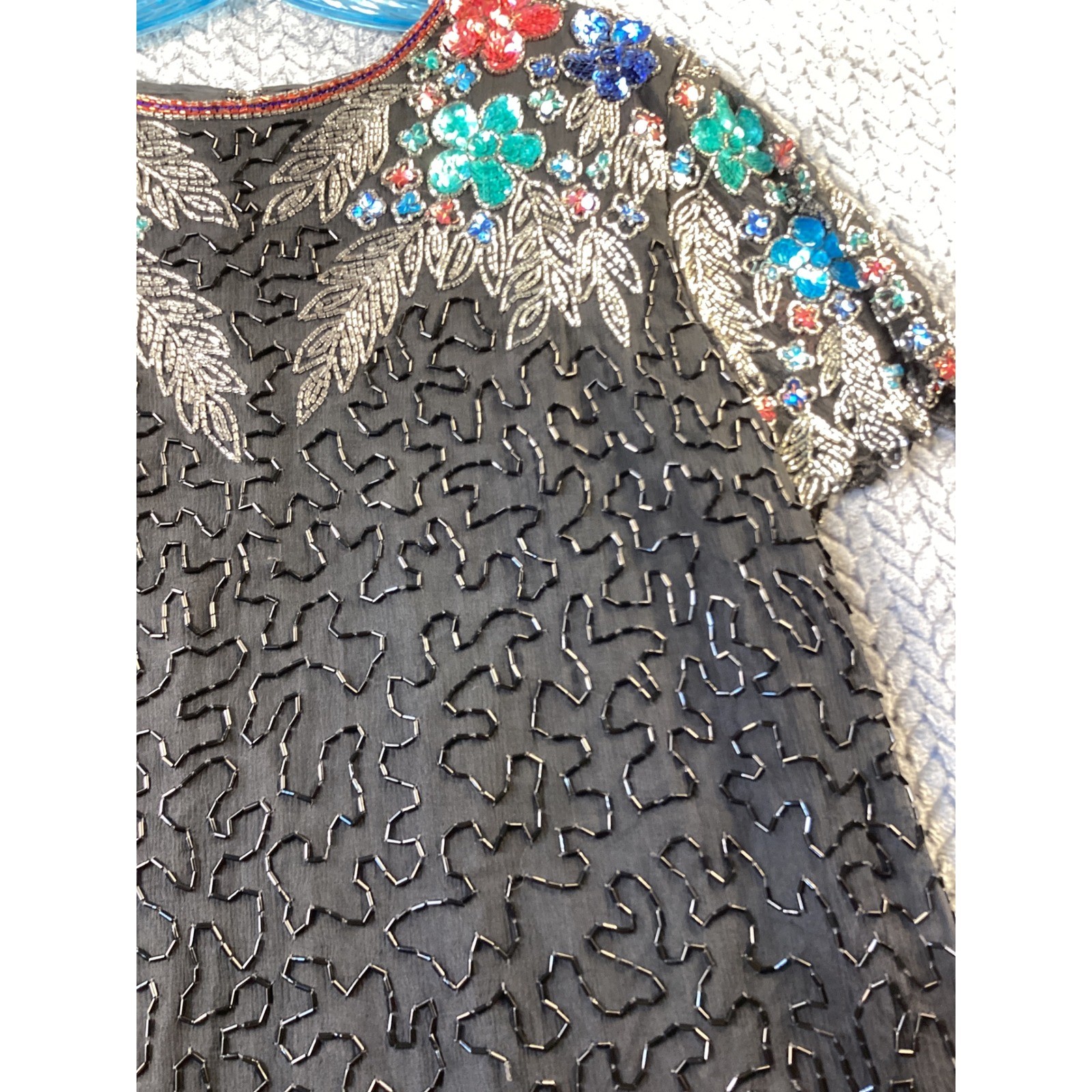 Swee Lo Vintage Beaded Silk Dress Black Floral Sequined Keyhole Evening Gown