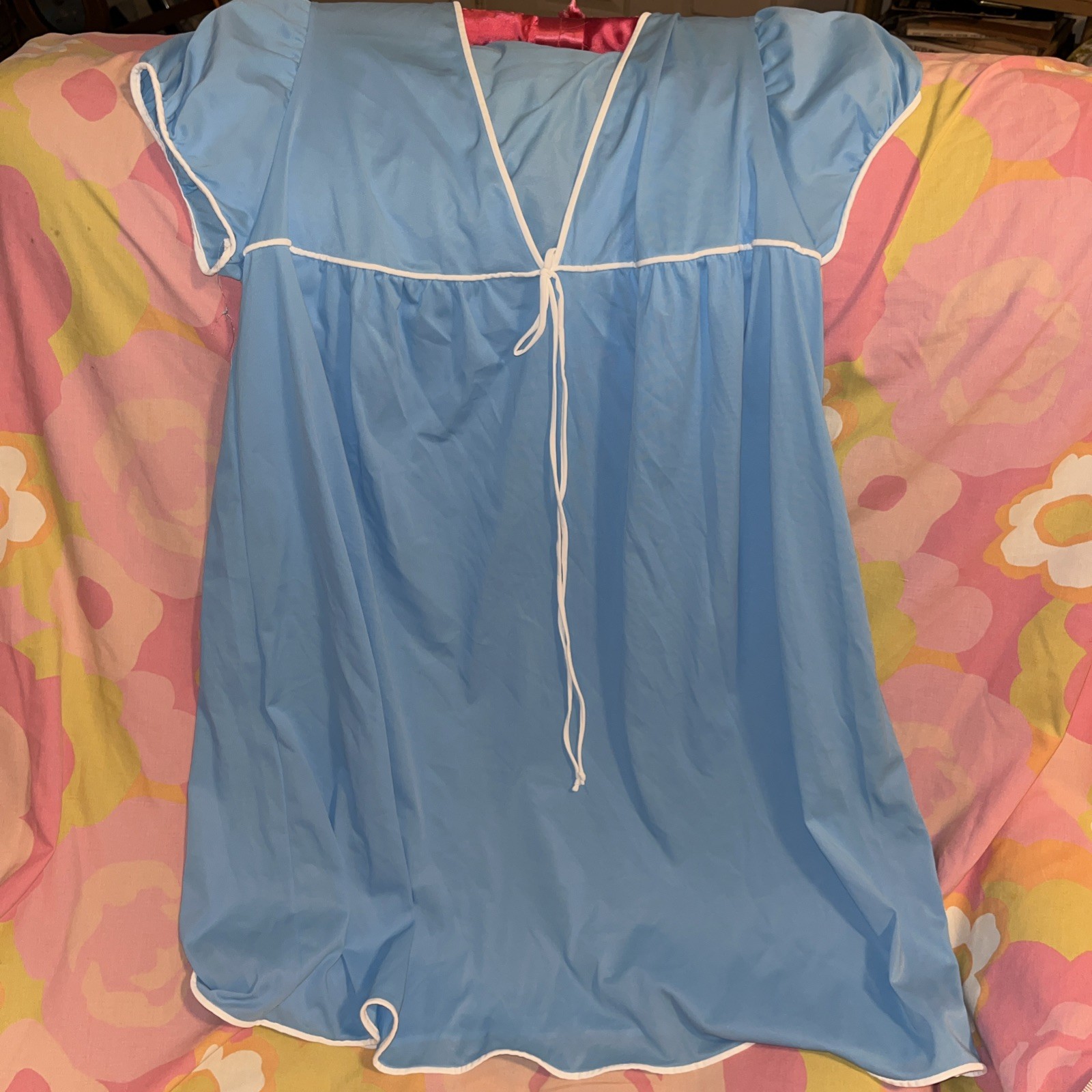 Vtg Vassarette Blue Babydoll Nightgown Small 32 White Trim Short Sleeve Nightie
