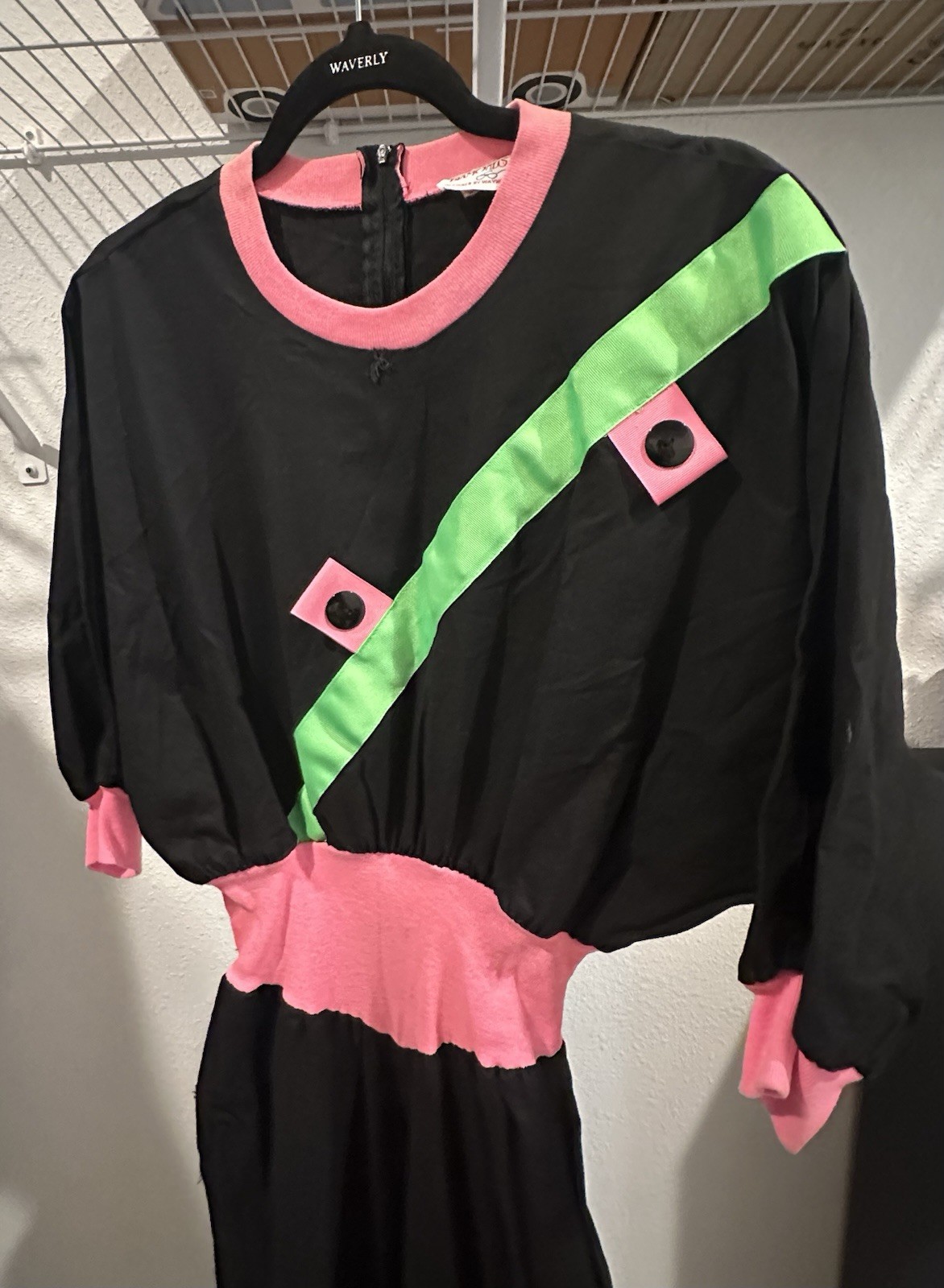 Vintage 80s Neon Colorblock Jumpsuit Pantsuit | Black Pink Green | Wayne Diamond