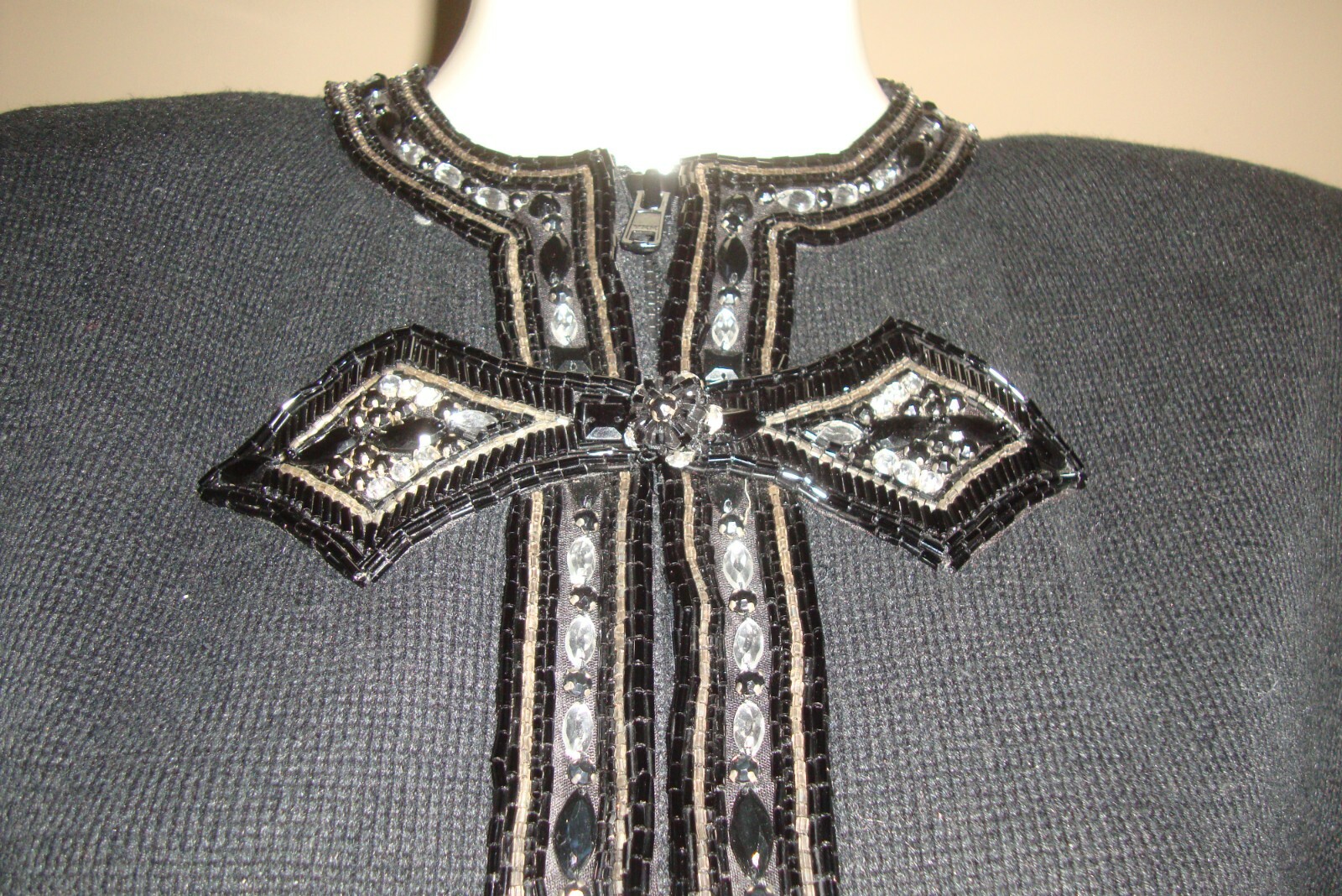 Bonnie Boerer Petite Black Beaded Sweater Zip Knit Jacket Beaded Size S Vintage