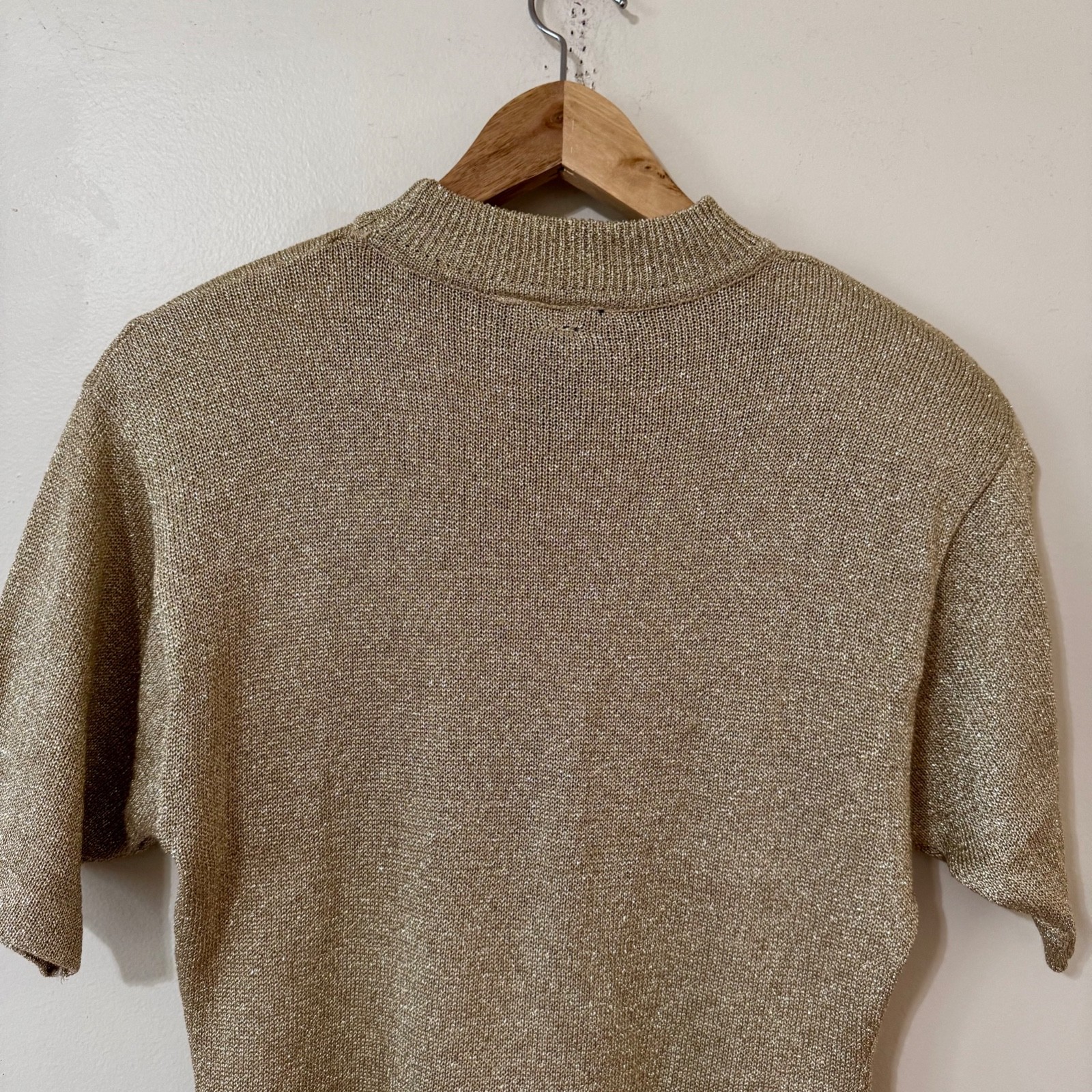 Vintage 80s Gold Glitter Metallic Blouse Knit Top Shirt Size Medium