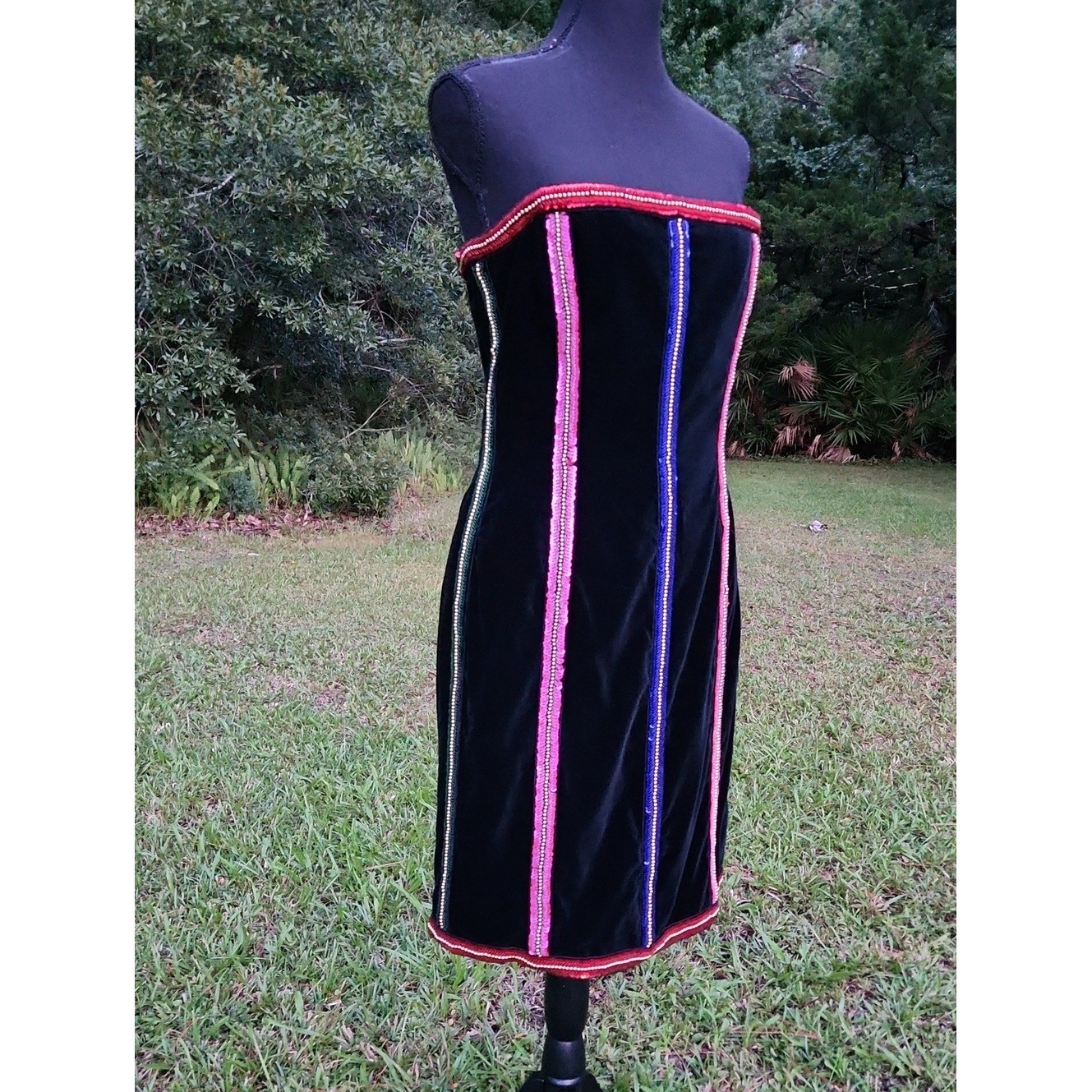 VTG Escada Black Velvet Strapless Dress with Pink Green Blue SEQUIN Gold BEAD M.