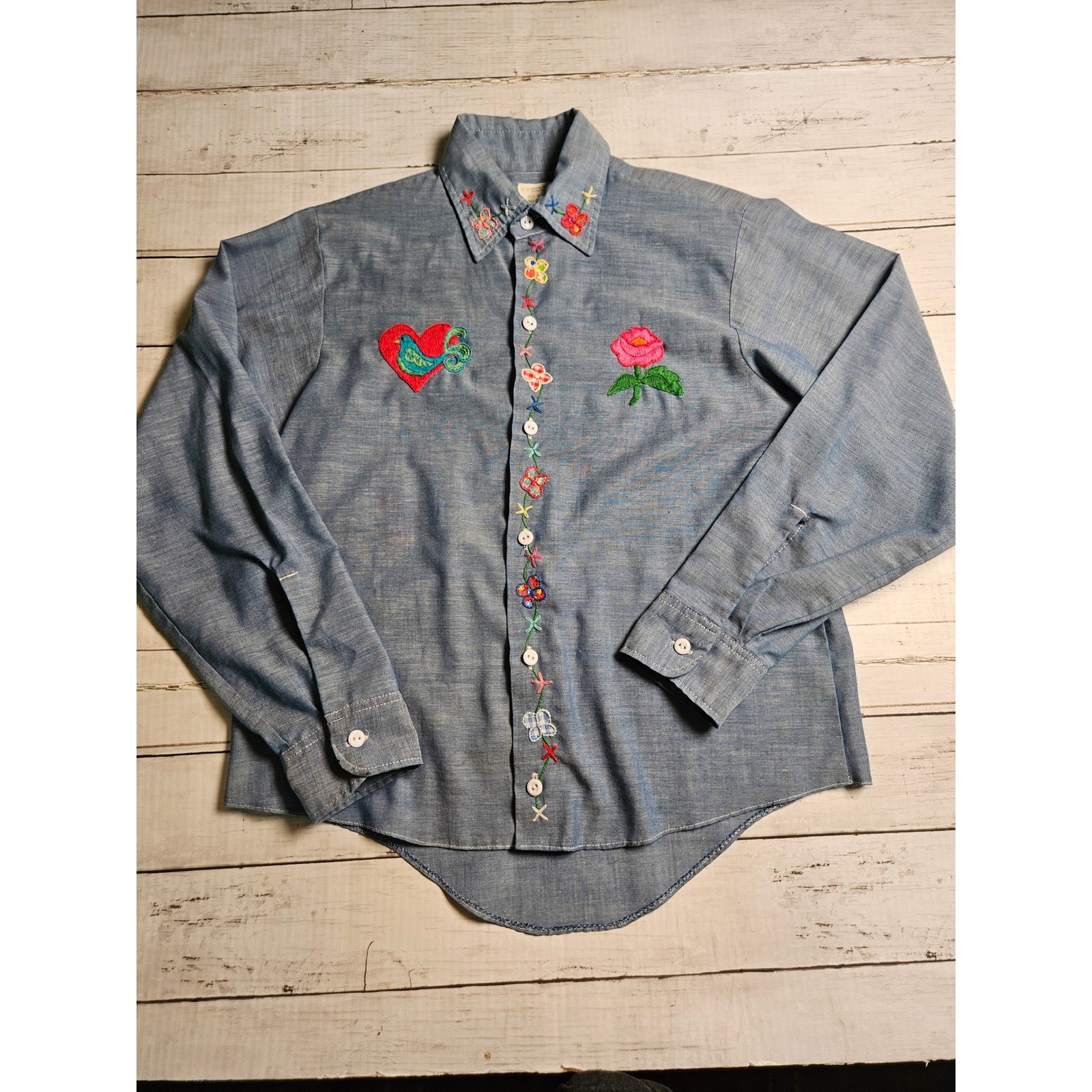 Vintage Big Mac JCPenney Hand Embroidered Chambray Shirt Blue Floral Bird S/M