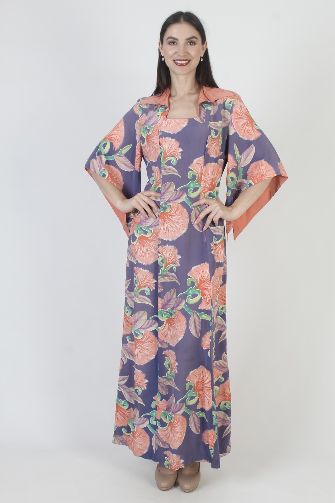 Vtg 40s Waikiki Sports Dress Honolulu Hawaii Rayon Kimono 50s MCM Tiki Pake Muu