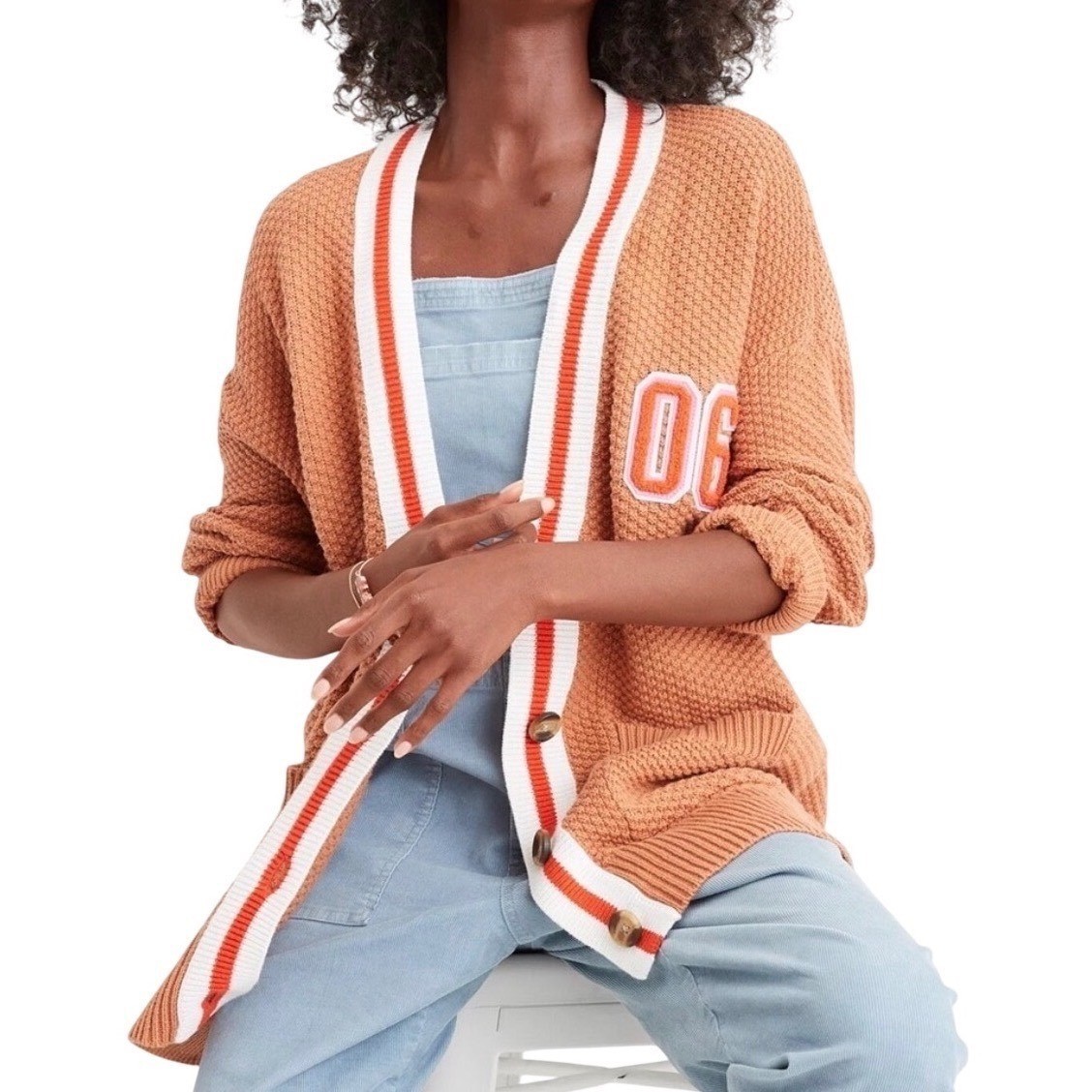Aerie Rust Orange Knit Cardigan Varsity Style Patch XS Oversized Cotton