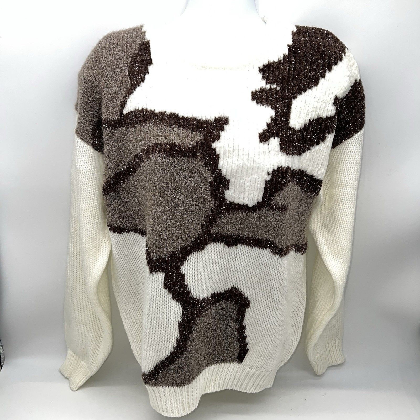 VTG Cristina Chenelle Mixed Media Long Sleeve Crew Neck Abstract Knit Sweater-L