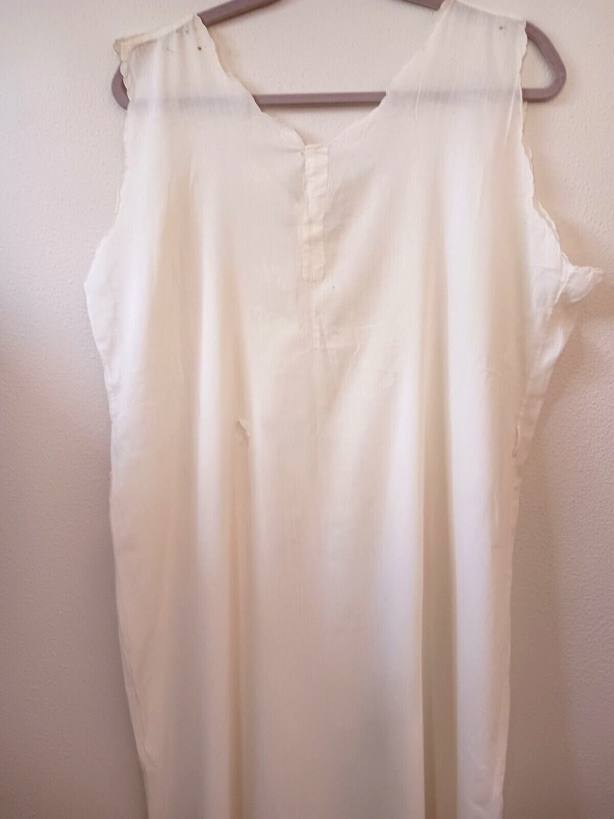 Antique Edwardian Long White Cotton Shift or Under Dress 44″ Embroidered FLAWS