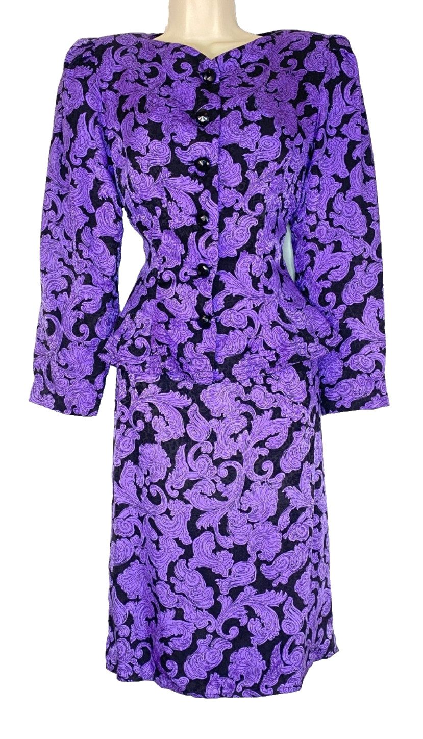 Vintage 1980s silk purple black dress set 1940s Victorian peplum jacket skirt
