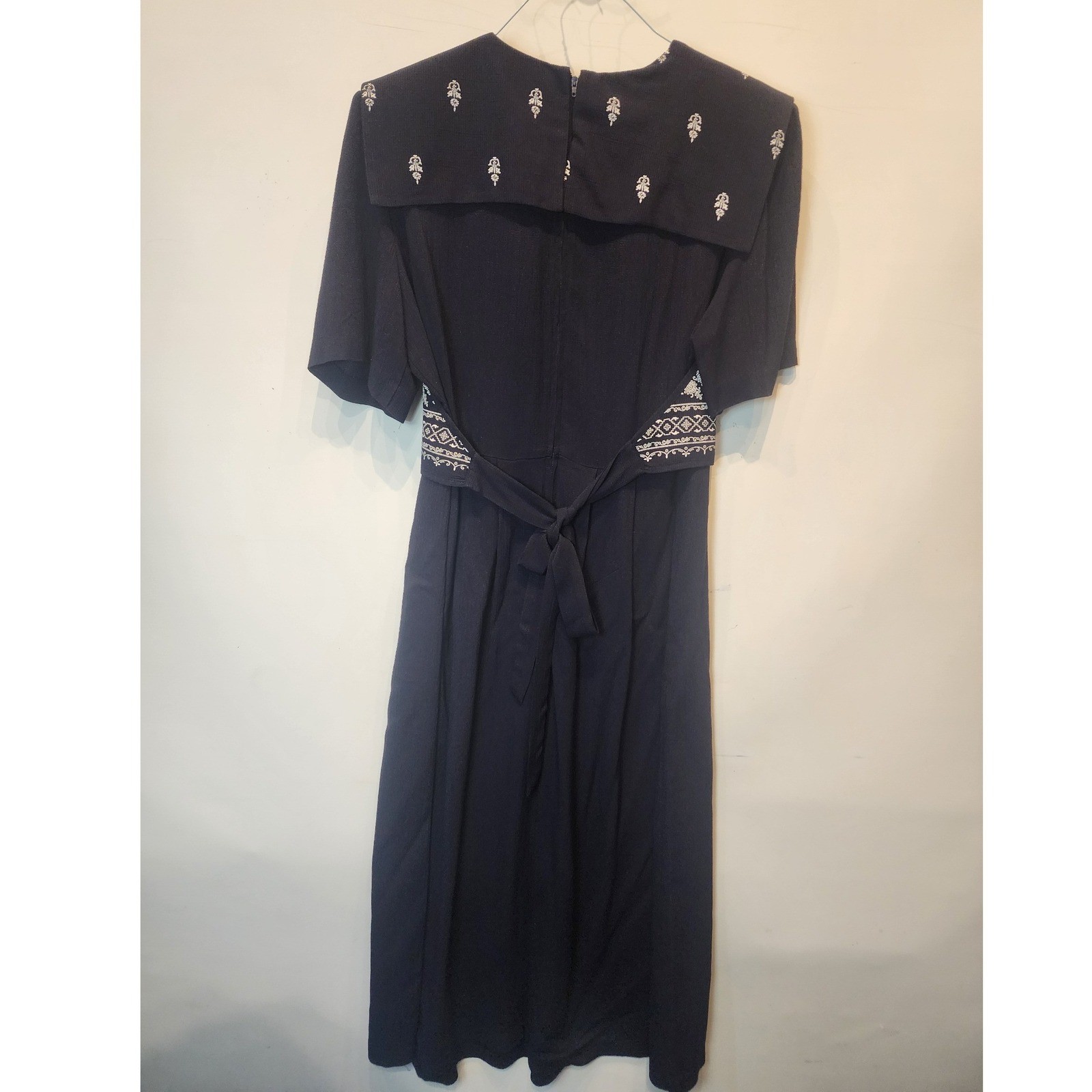 J.B.S. Ltd Vintage Black Embroidered Sailor Collar Midi Dress Womens 10P Petite