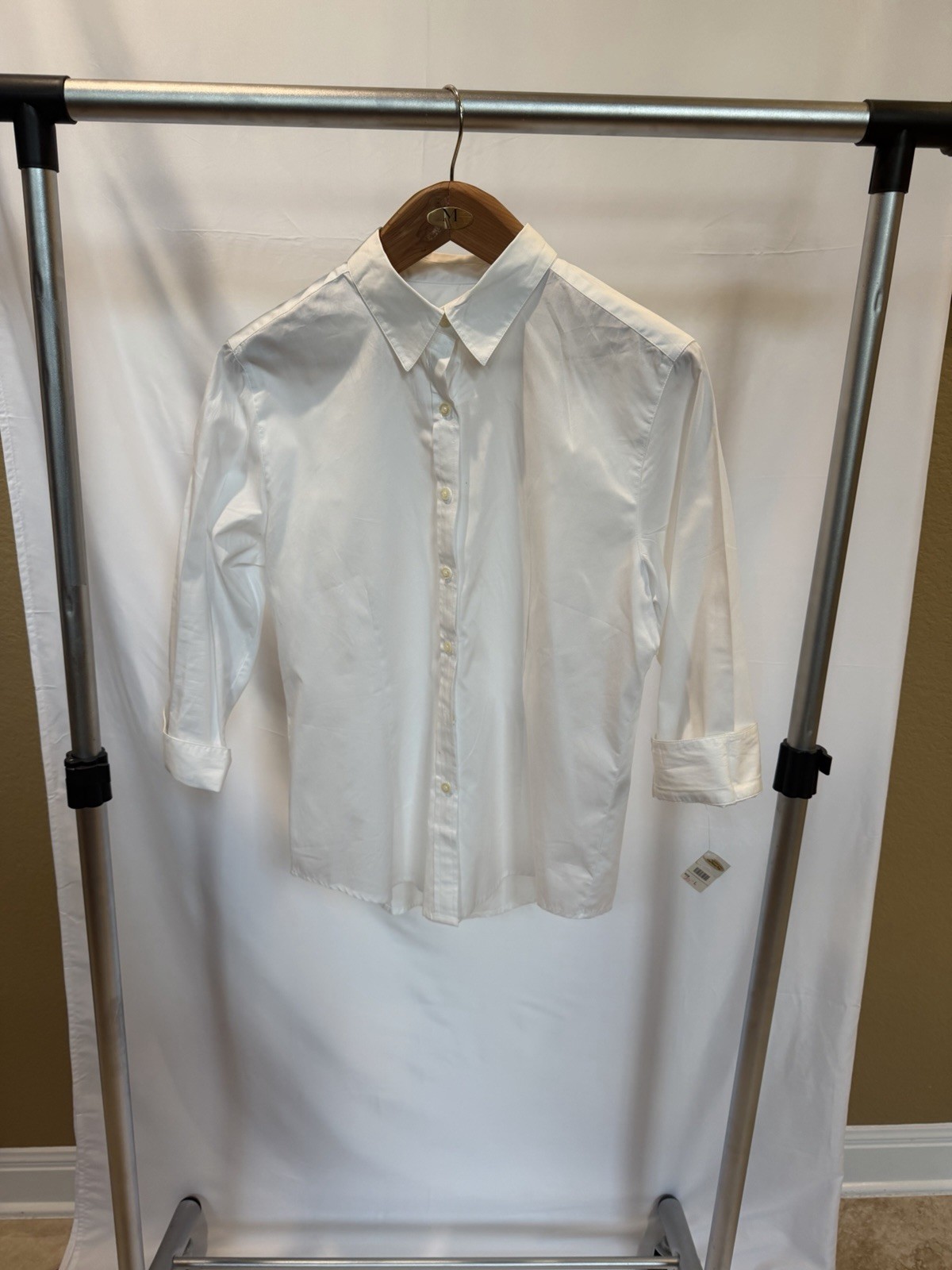 Talbots Vintage White Collared 3/4 Length Sleeve Button Closure Size L