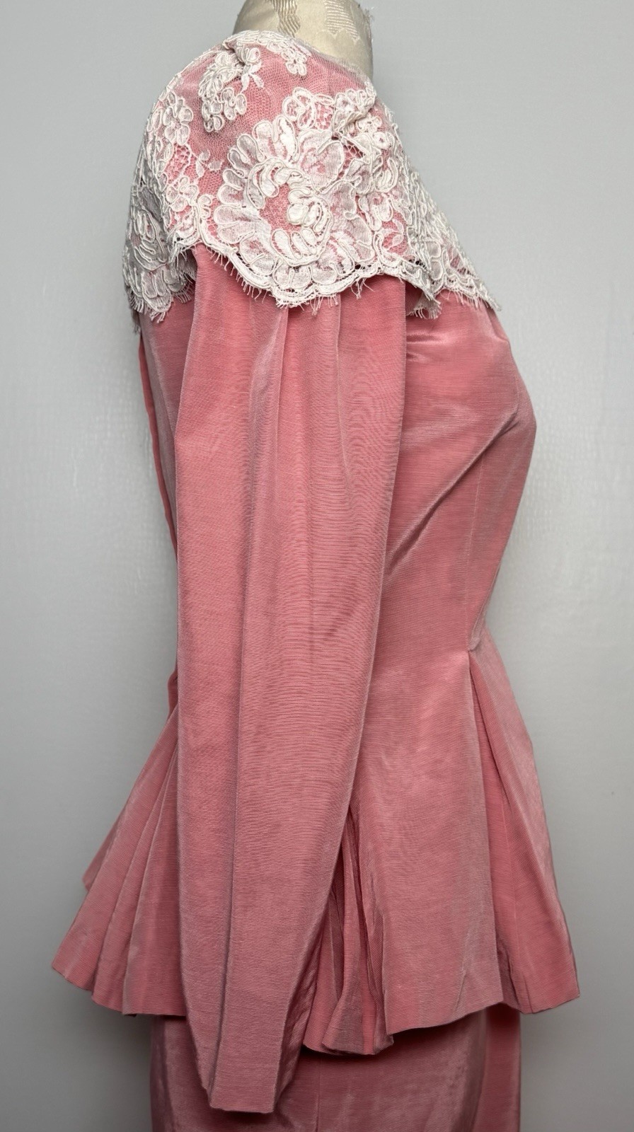 Vtg 80s Watters & Watters Pink Lace Pleated Peplum Maxi Skirt Formal Set XS/S