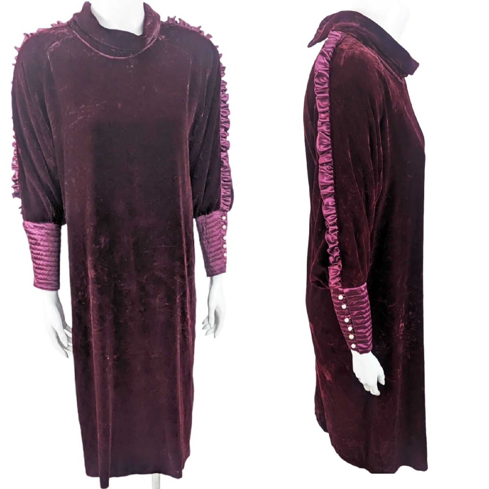 Vintage Velvet Long Sleeve Dress Womens Large Burgundy Edwardian Witchy 70s 80s