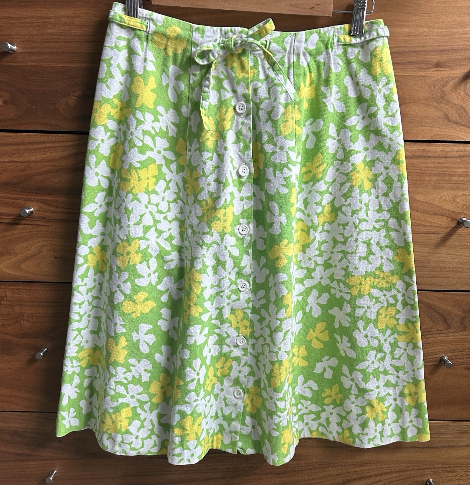 70s 80s Floral Cotton Spring/Summer Skirt Green Yellow White Tie Waist 27” Small