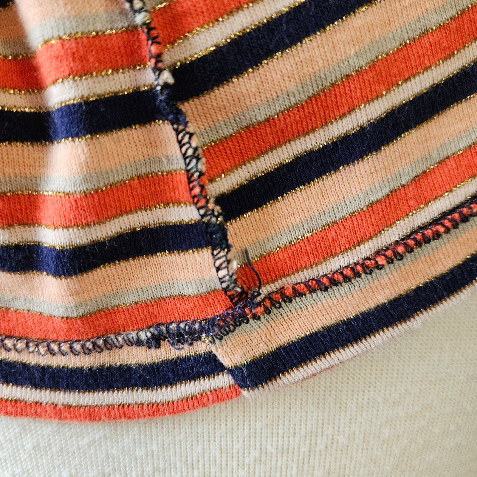 Vintage 70s Designers Originals Orange Navy Metallic Striped Knit Turtleneck Top