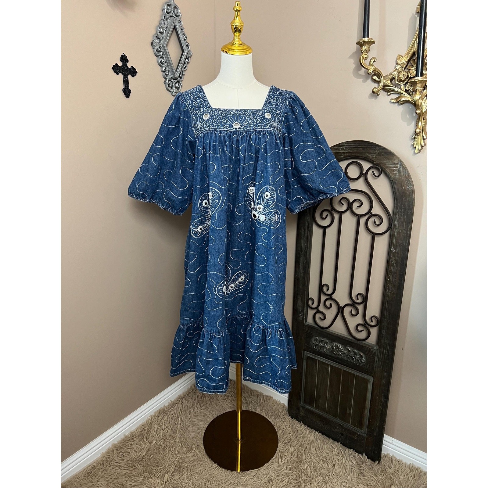 Vintage 70s Ramona Rull Blue Denim Mirrored Embroidered Caftan Dress Size Medium