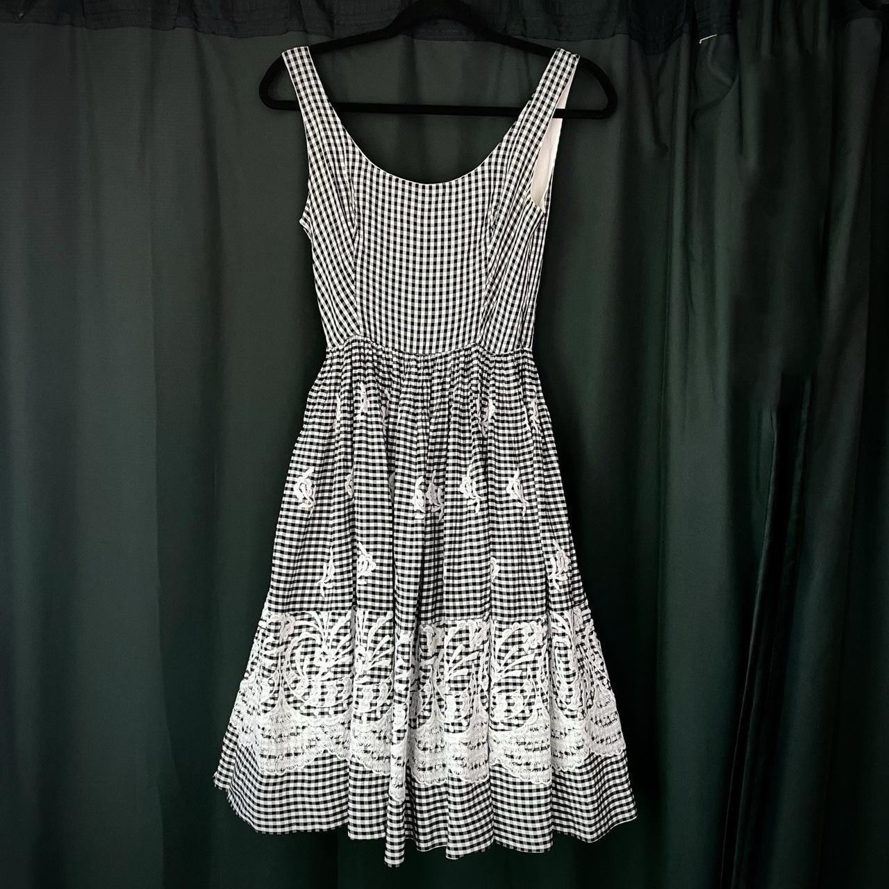 Vintage 1950s Lee Jordan New York Black White Embroidered Gingham Party Dress