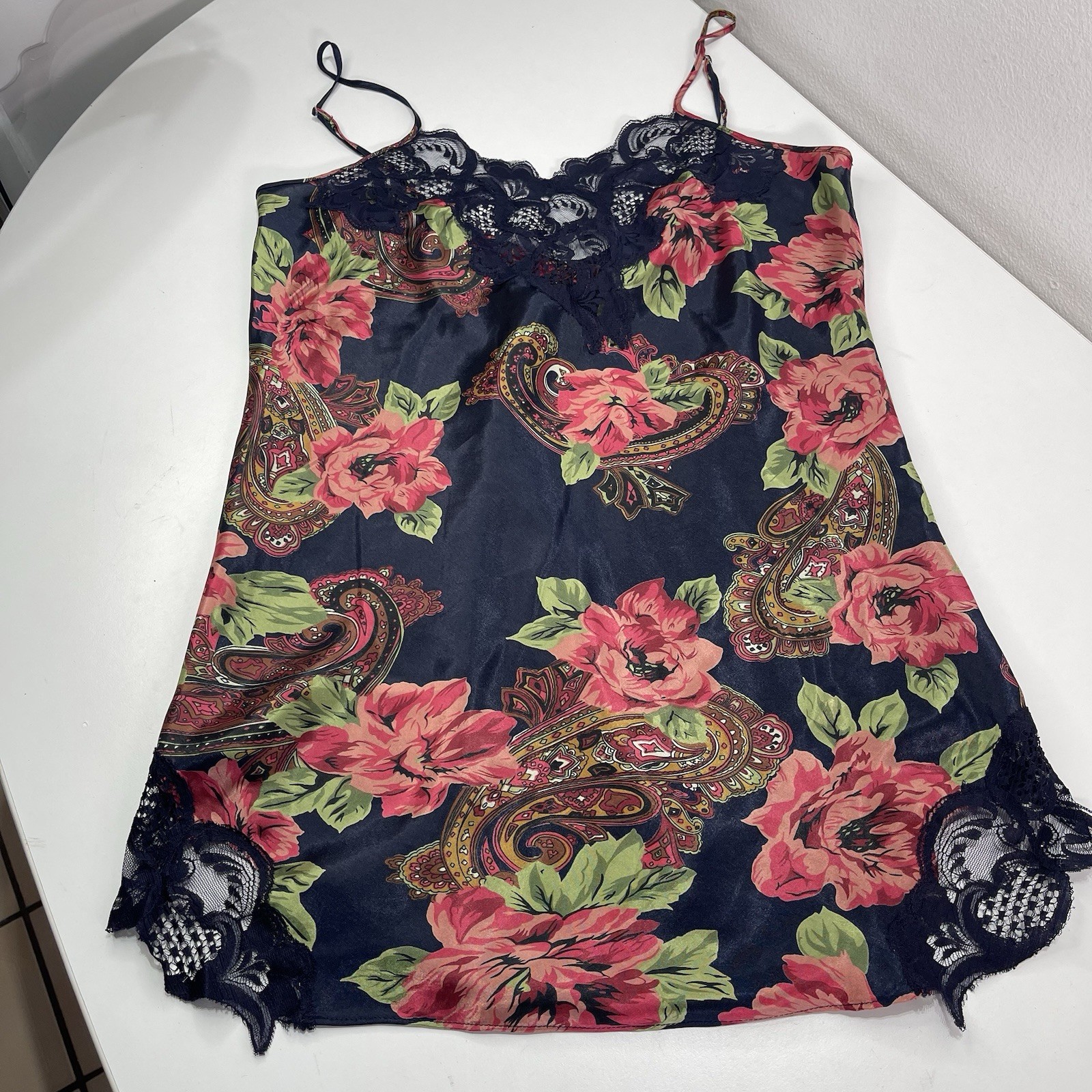 VTG Victoria Secret Gold Label Paisley M Floral Lace Slip Dress Baby doll Navy