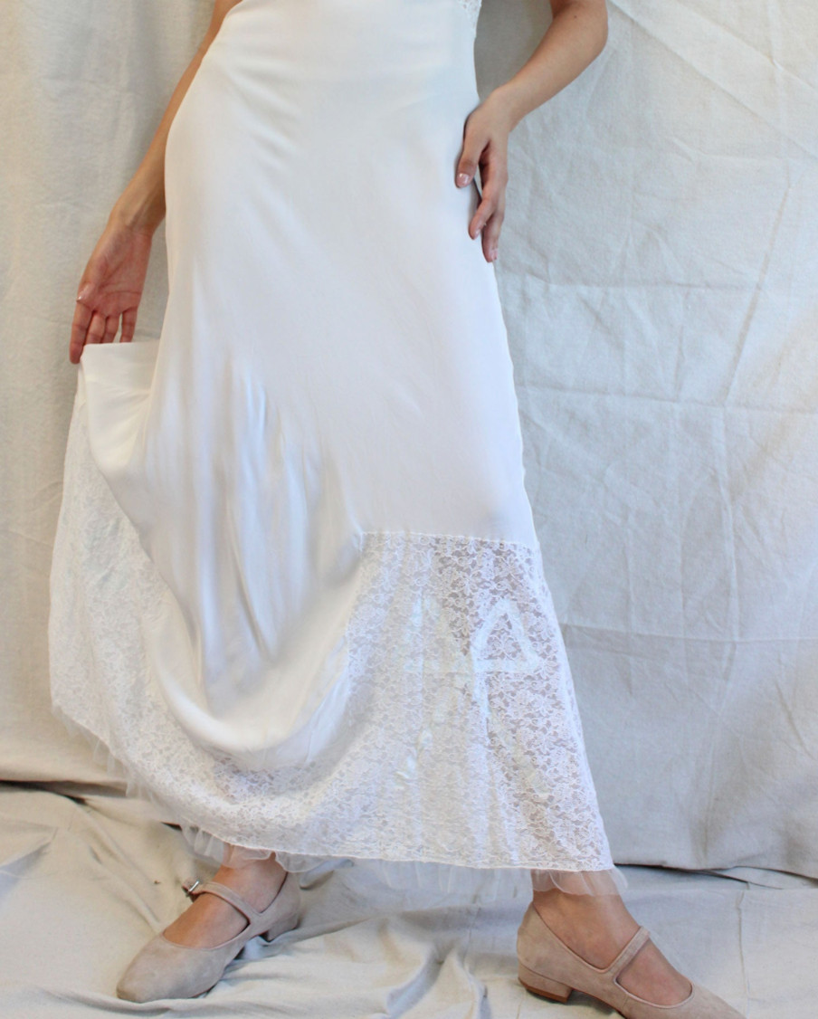 1940s Lace & Bows Tulle Slip Dress Gown Vintage Lounge Evening White Blue Bridal